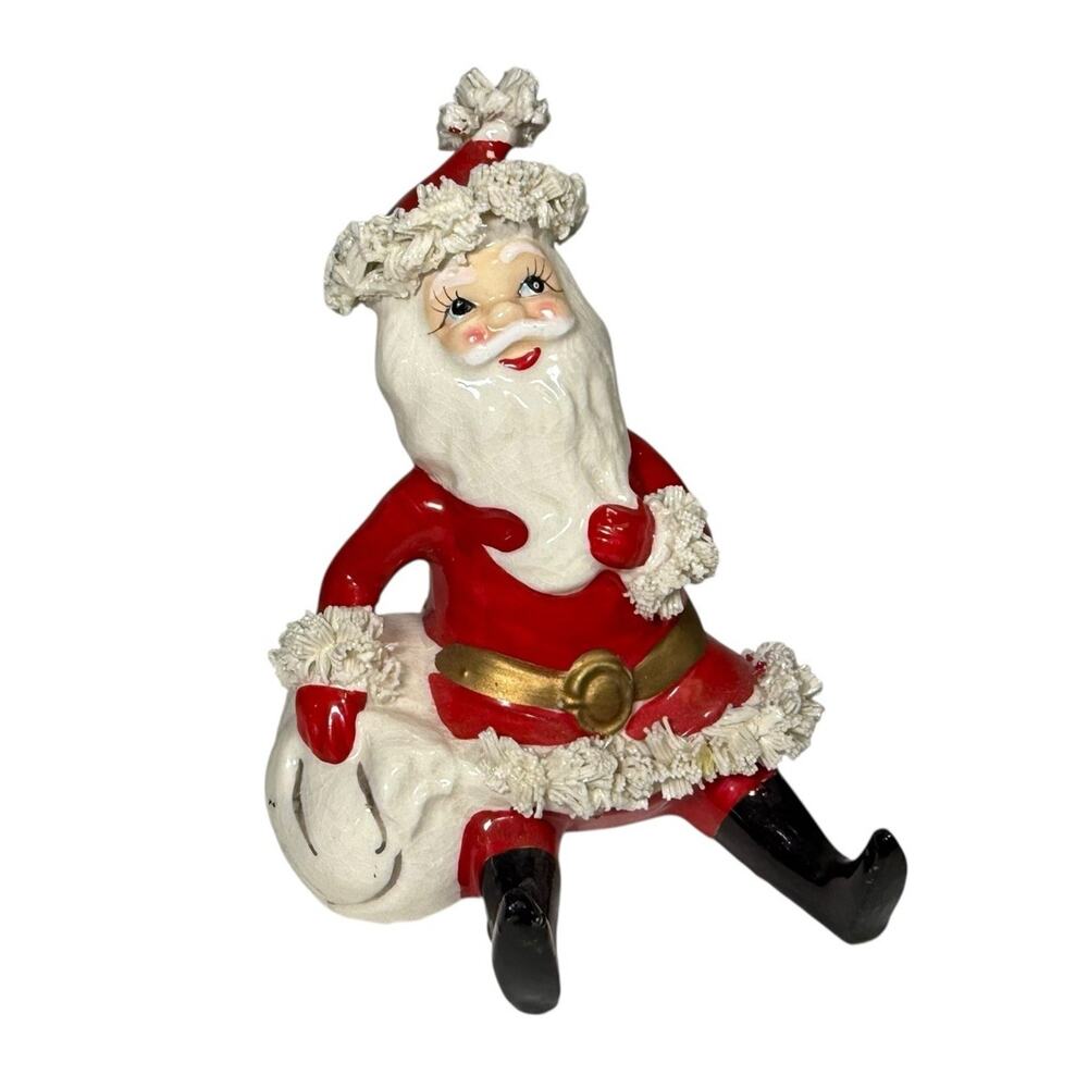 Vintage Napco Porcelain Sitting Christmas Santa Spaghetti Trim 1950’s Figurine